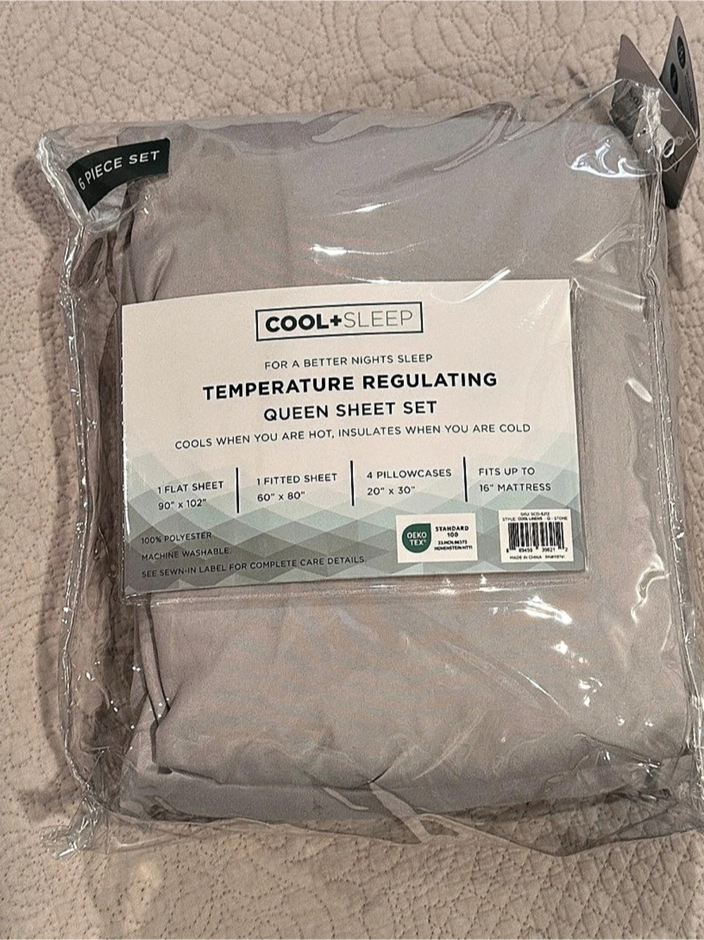 COOL+SLEEP Temperature Regulating Queen Sheet Set Gray